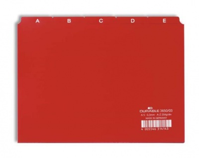 Regiszter, PP, A5, 25 részes, A-Z, DURABLE, piros